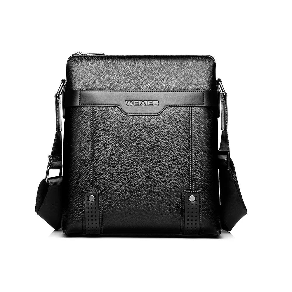 Men's medium black PU leather shoulder bag with adjustable strap and zipper closure