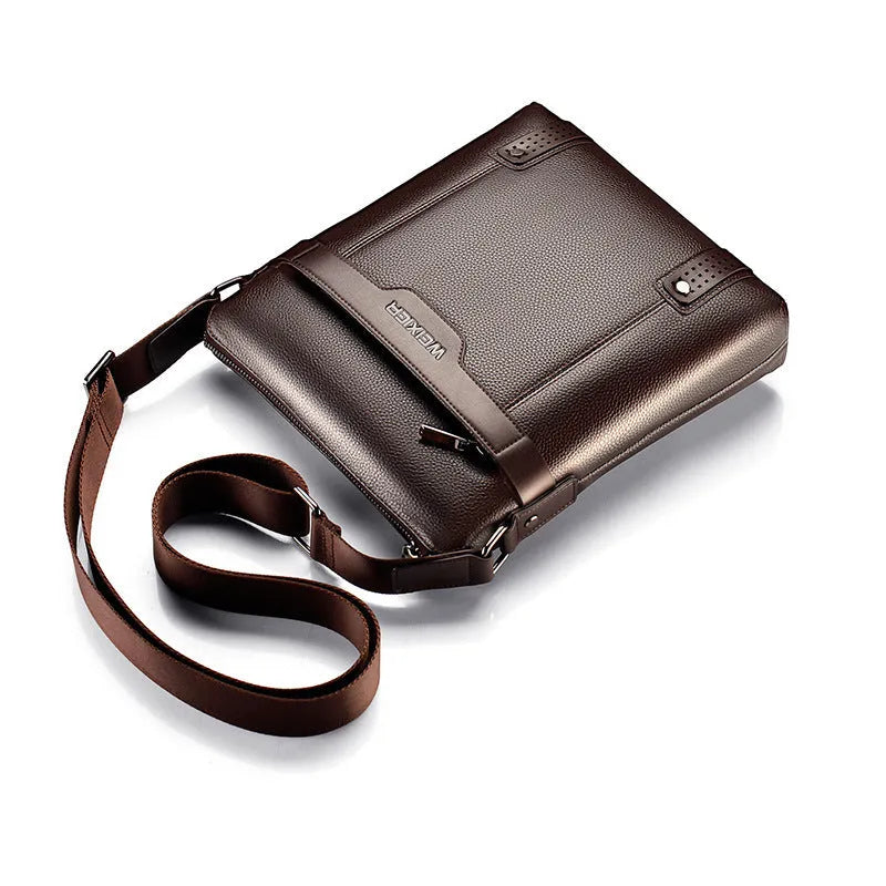Men's medium black PU leather shoulder bag with adjustable strap and zipper closure