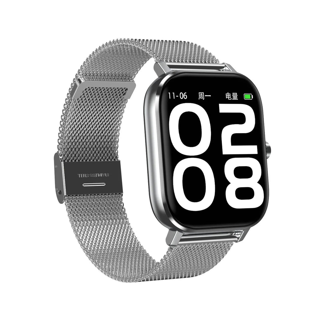 Smart fitness bracelet with a 1.54-inch screen on a wrist, showing health metrics and remote control options.