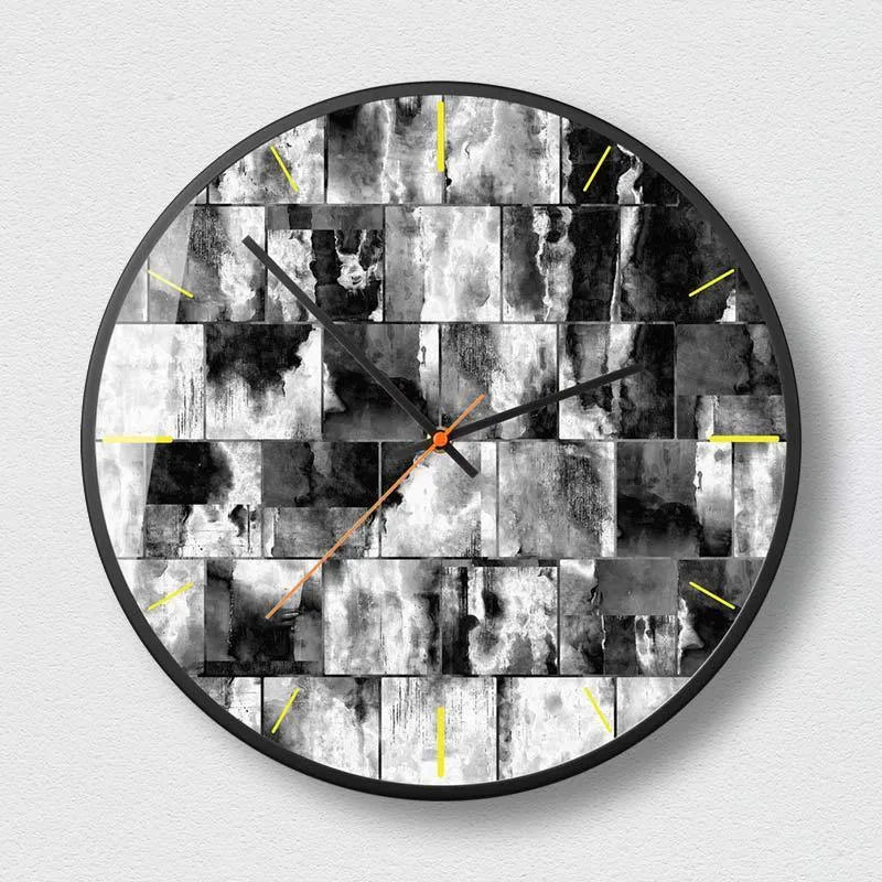 Round abstract art wall clock with metal case and glass mirror in Mysterious Black colour