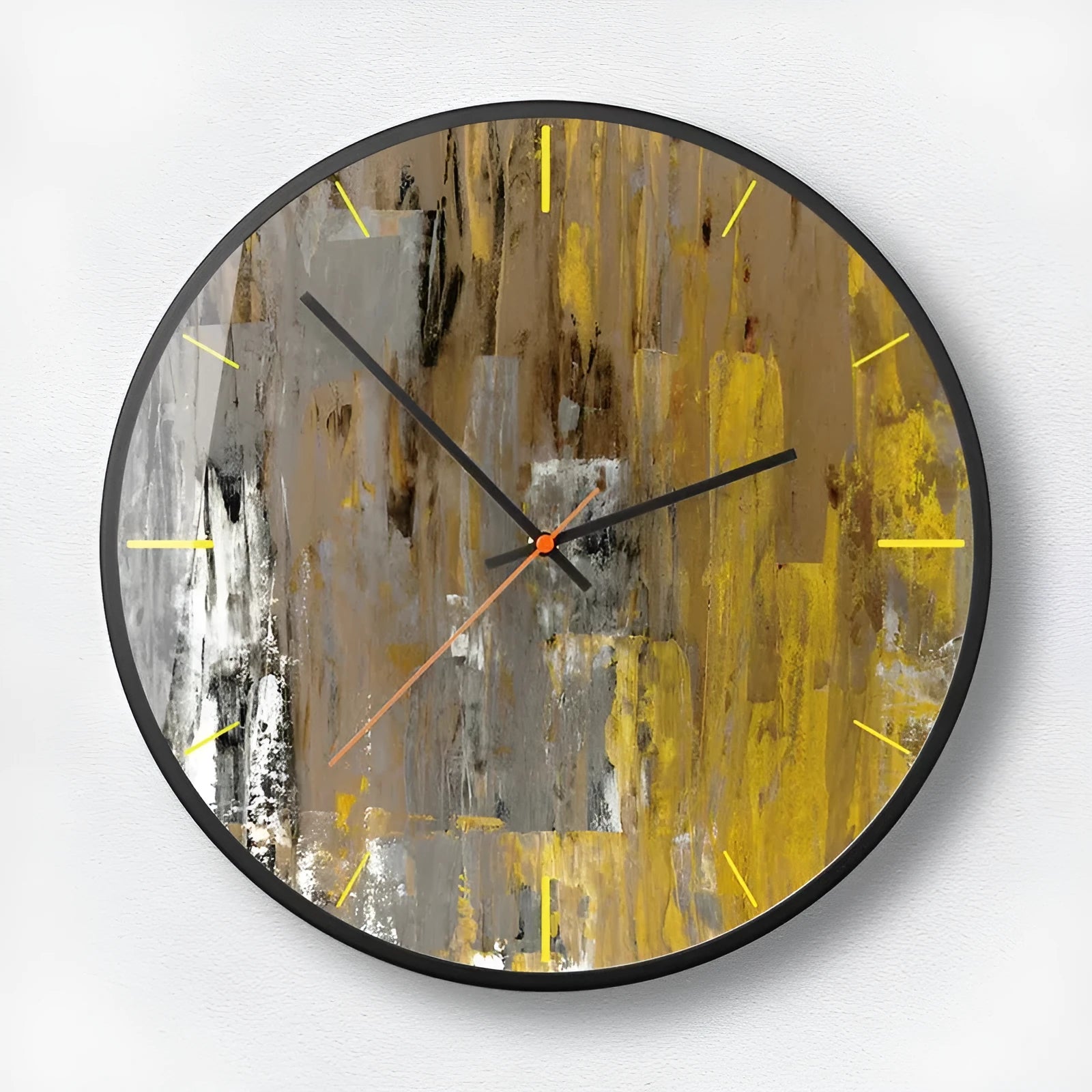 Round abstract art wall clock with metal case and glass mirror in Mysterious Black colour