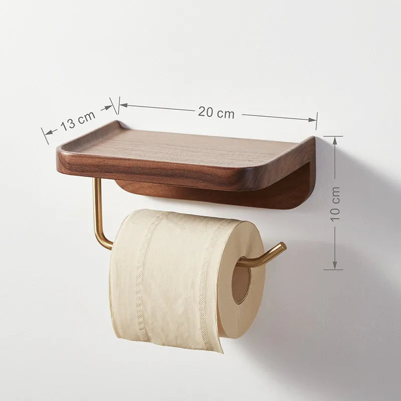 Solid walnut wood wall-mounted paper towel holder with brass accents