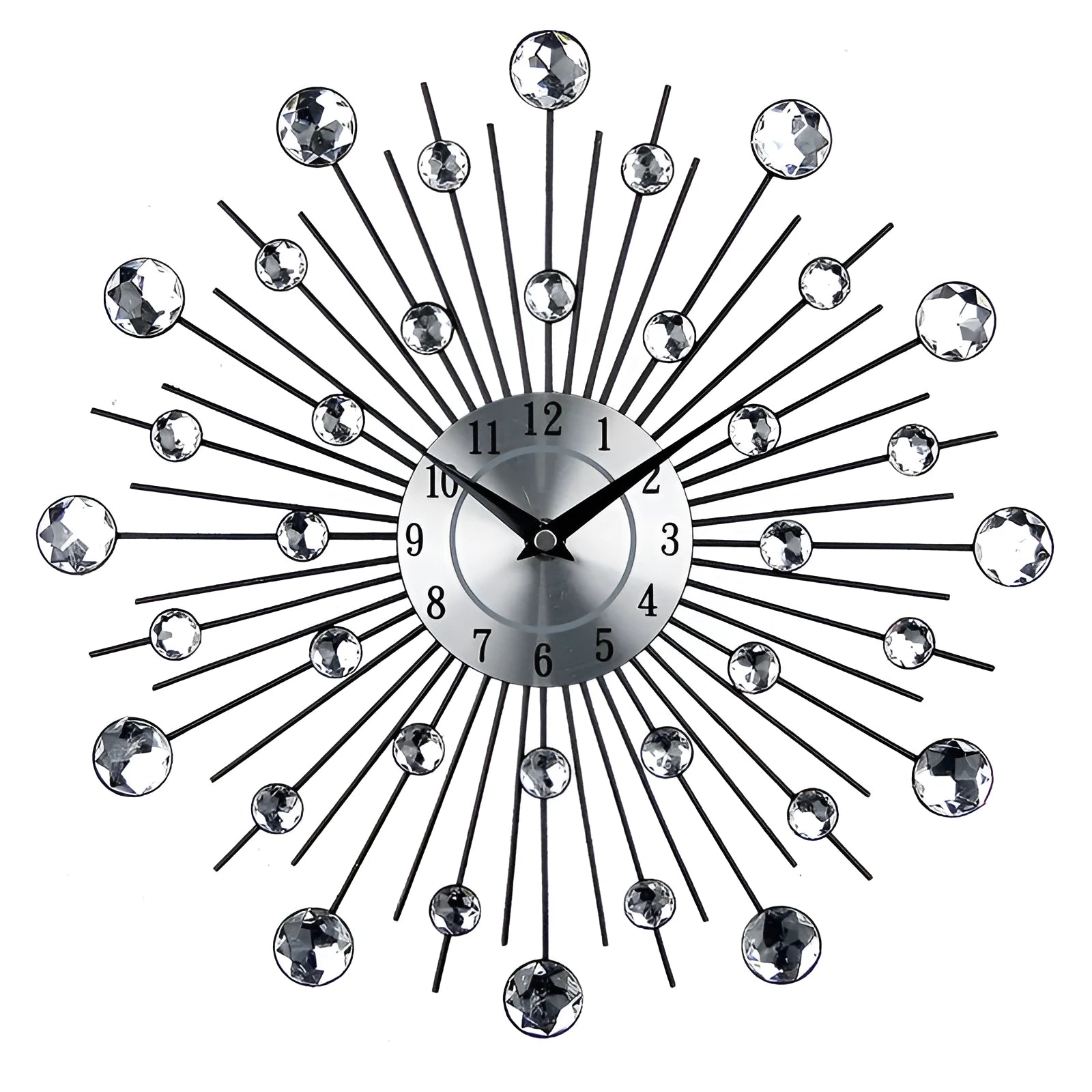 Silver European round wall clock with 33cm diameter metal casing and aluminium dial