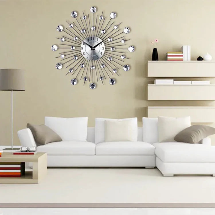 Silver European round wall clock with 33cm diameter metal casing and aluminium dial