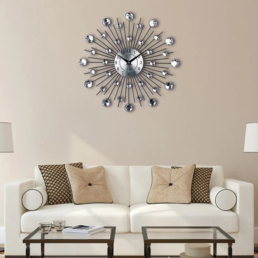 Silver European round wall clock with 33cm diameter metal casing and aluminium dial