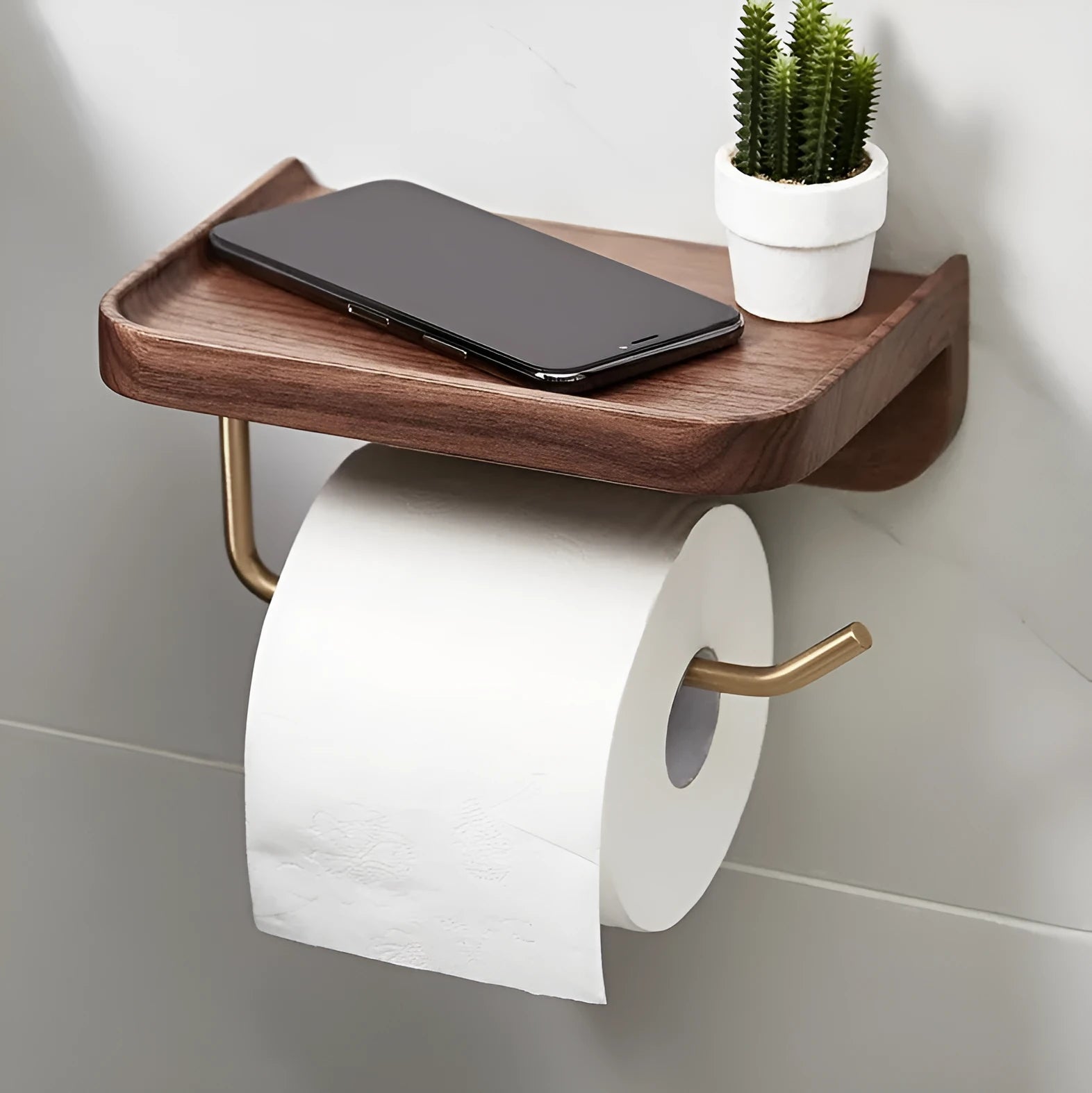 Solid walnut wood wall-mounted paper towel holder with brass accents