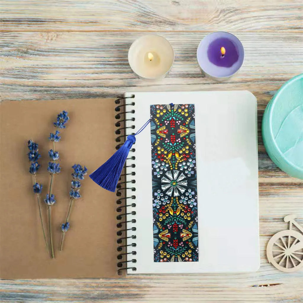 Handcrafted diamond embroidered mandala flower bookmark on leather backing with special-shaped and round diamonds