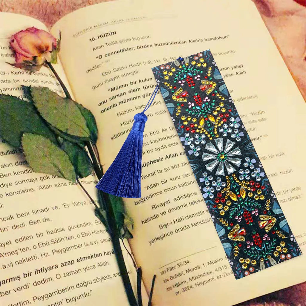 Handcrafted diamond embroidered mandala flower bookmark on leather backing with special-shaped and round diamonds