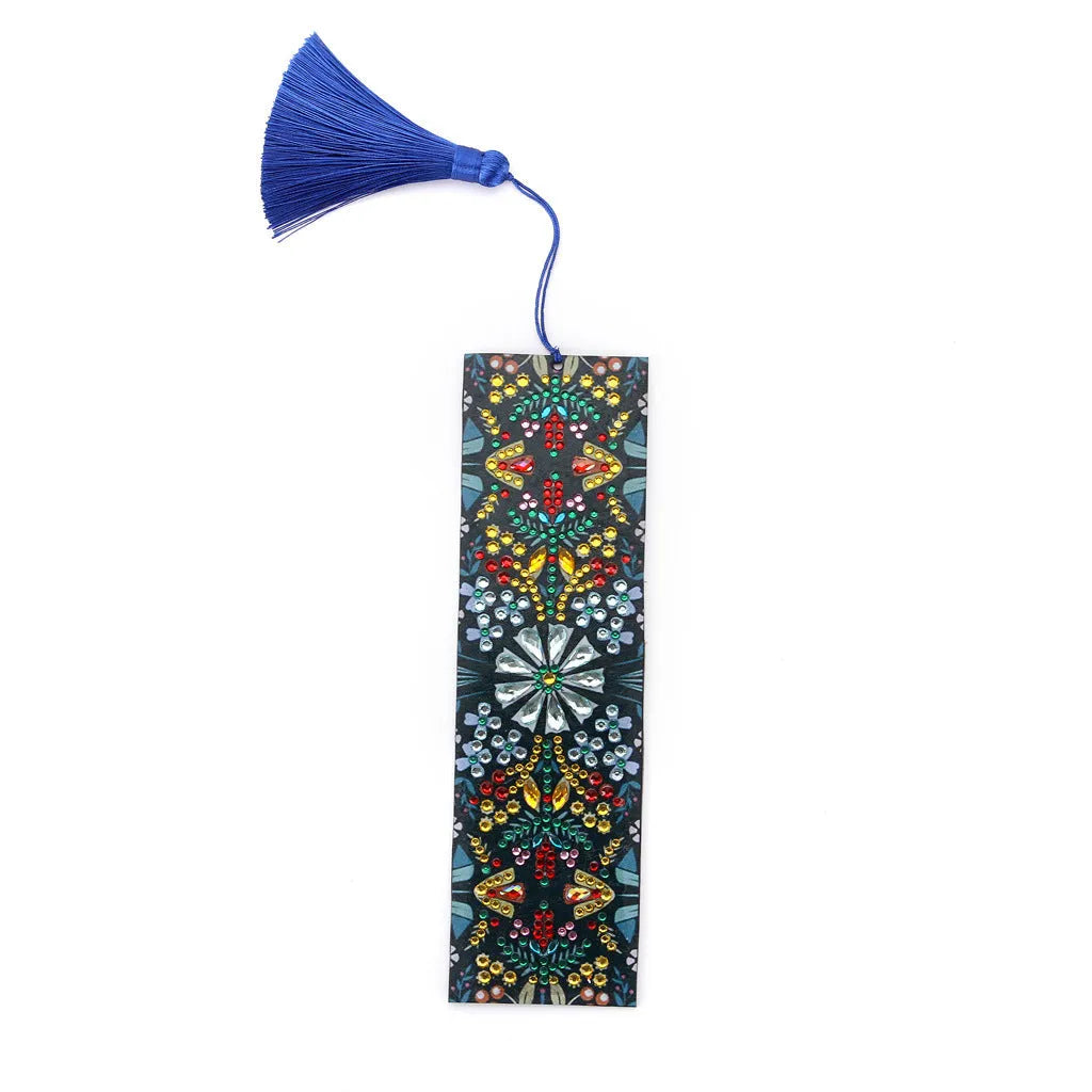 Handcrafted diamond embroidered mandala flower bookmark on leather backing with special-shaped and round diamonds
