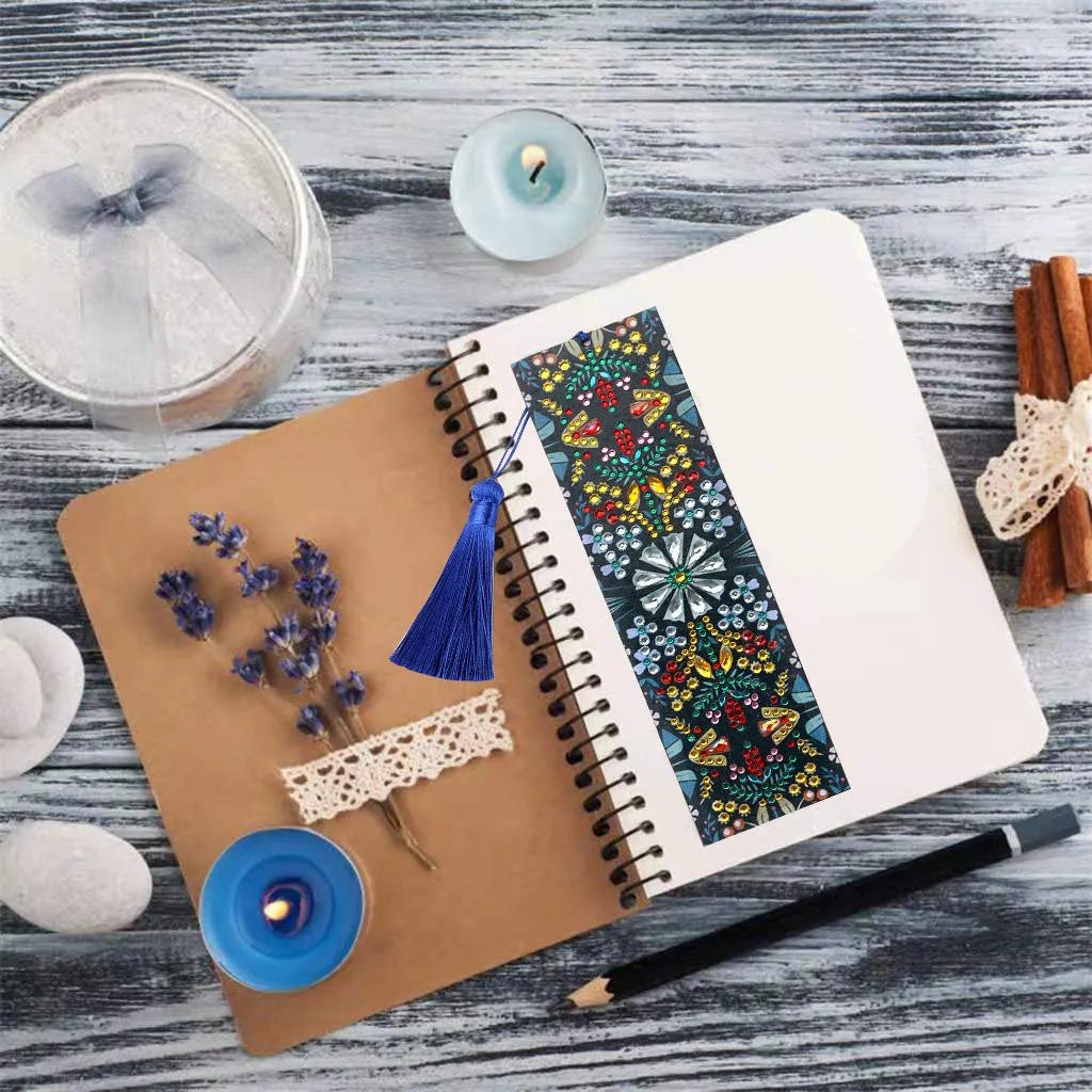 Handcrafted diamond embroidered mandala flower bookmark on leather backing with special-shaped and round diamonds