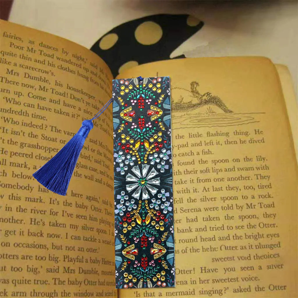 Handcrafted diamond embroidered mandala flower bookmark on leather backing with special-shaped and round diamonds