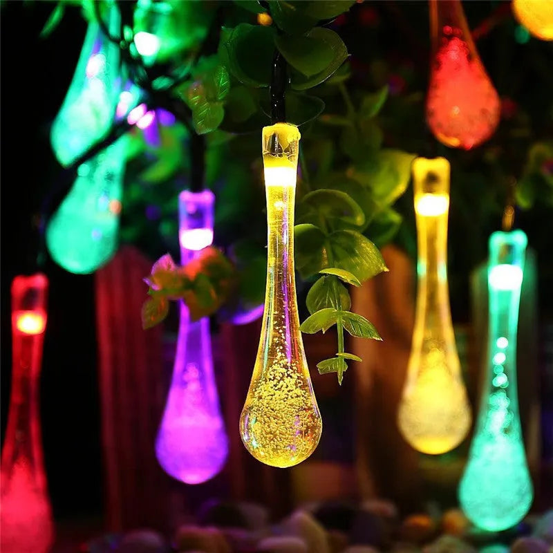 Solar-powered outdoor LED string lights with bubble drop pendants on 6.5 metre cable
