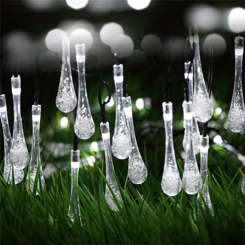 Solar-powered outdoor LED string lights with bubble drop pendants on 6.5 metre cable