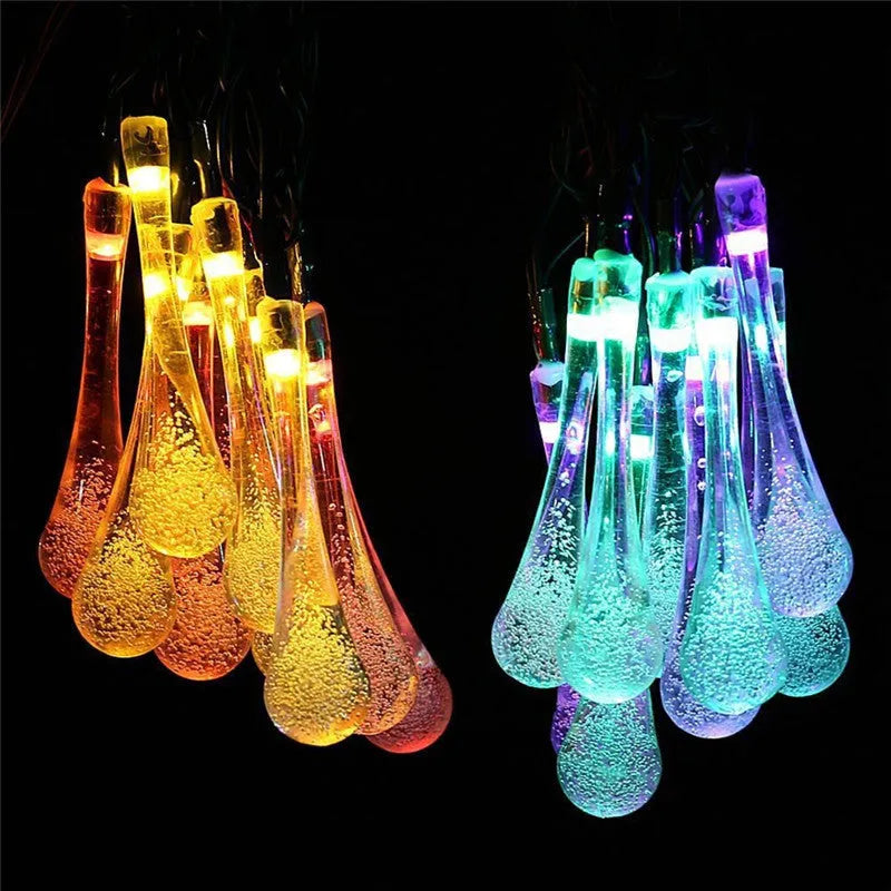 Solar-powered outdoor LED string lights with bubble drop pendants on 6.5 metre cable