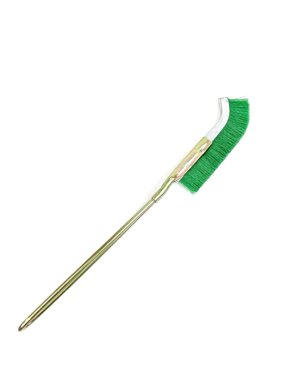 Green mini elbow nylon wire brush with angled metal handle for rust removal.