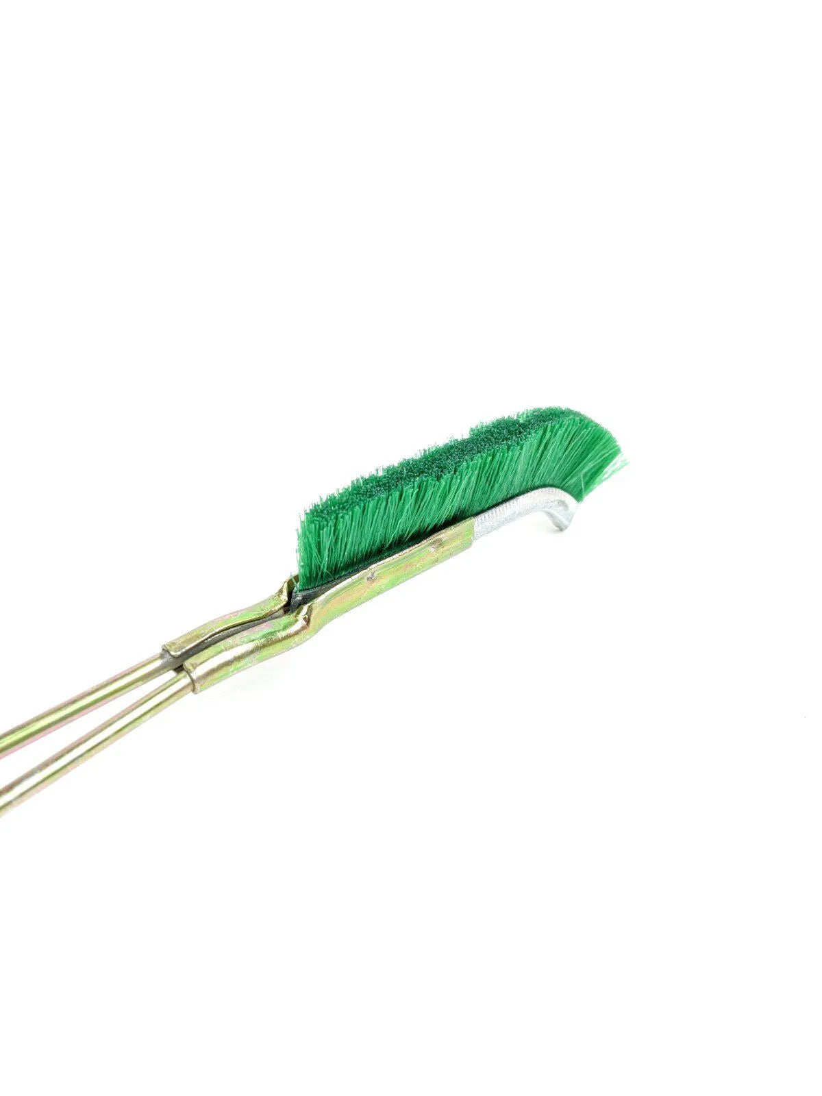 Green mini elbow nylon wire brush with angled metal handle for rust removal.