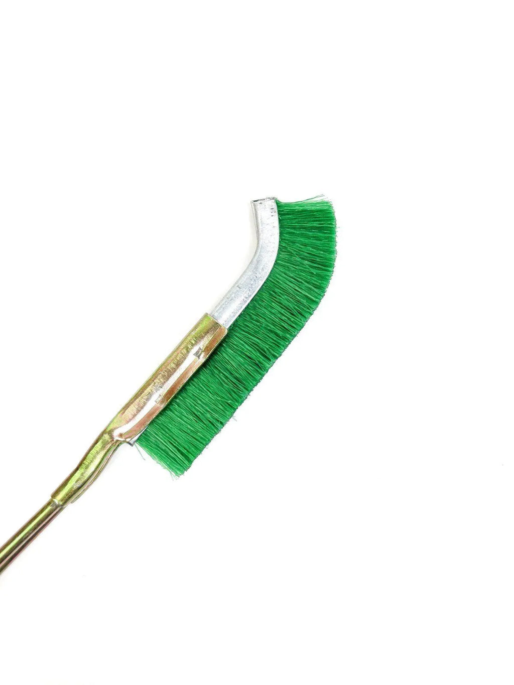 Green mini elbow nylon wire brush with angled metal handle for rust removal.