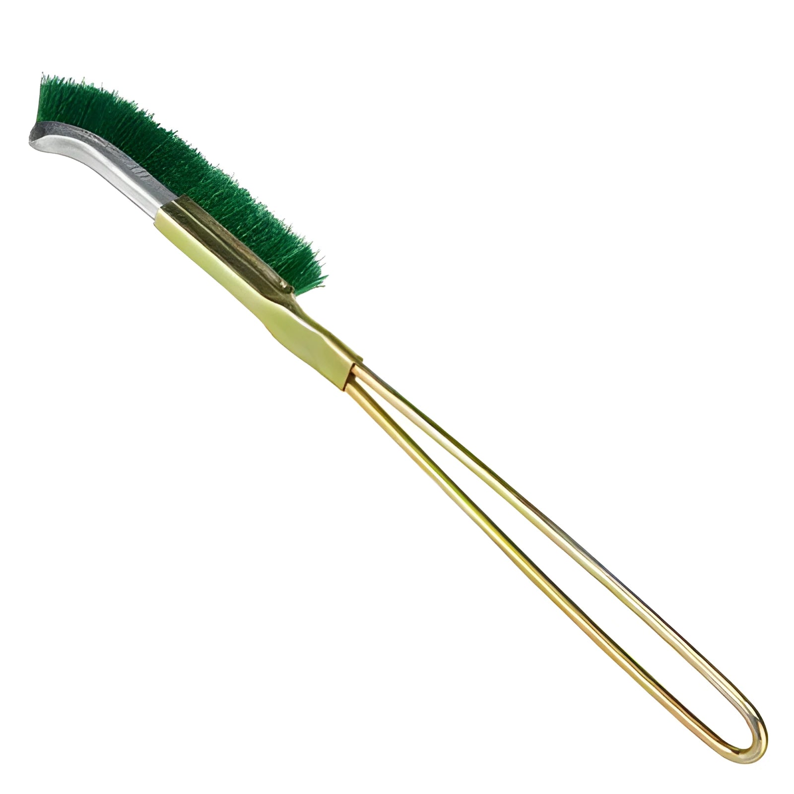 Green mini elbow nylon wire brush with angled metal handle for rust removal.