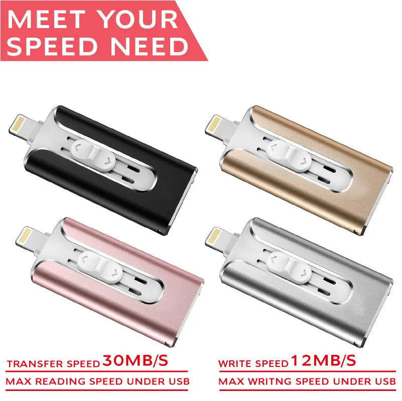 Metal three-in-one USB flash drive showing both USB and Lightning connectors in business black colour.