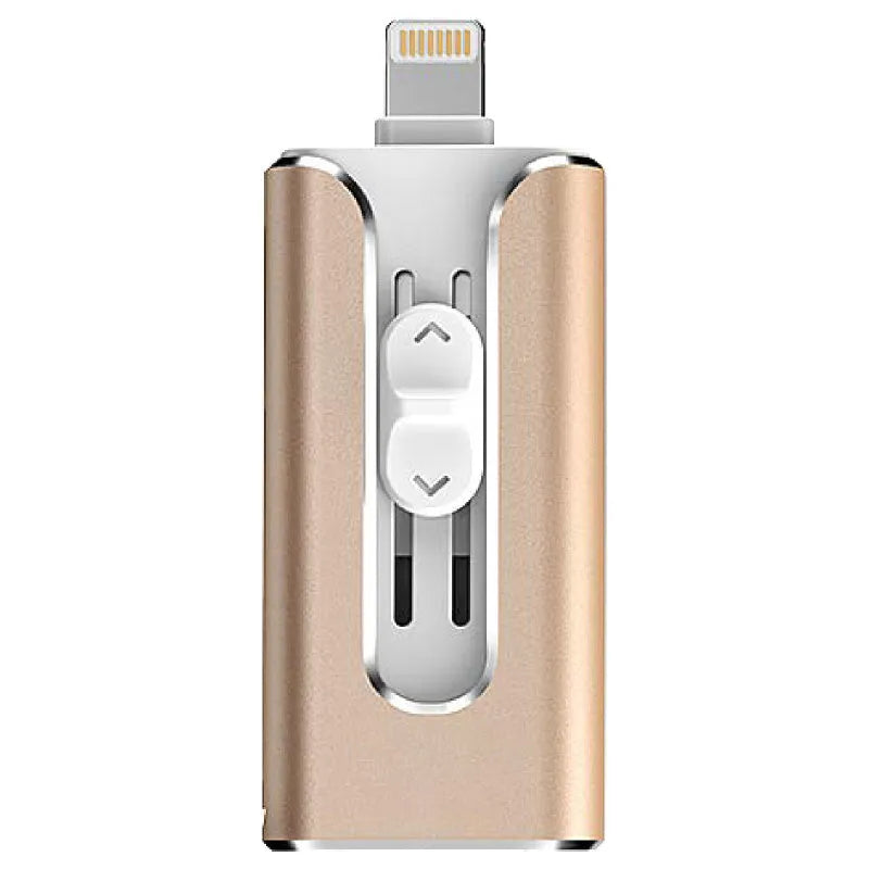 Metal three-in-one USB flash drive showing both USB and Lightning connectors in business black colour.