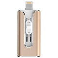 Metal three-in-one USB flash drive showing both USB and Lightning connectors in business black colour.