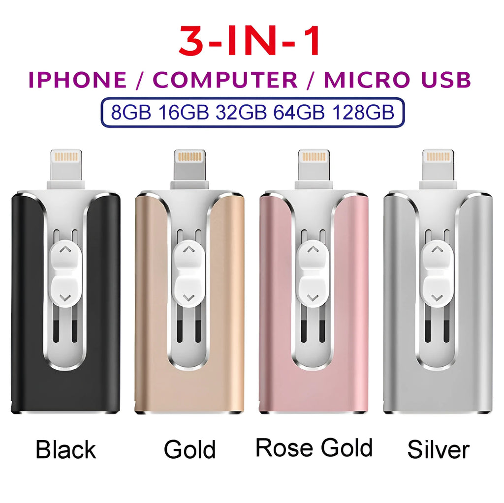 Metal three-in-one USB flash drive showing both USB and Lightning connectors in business black colour.