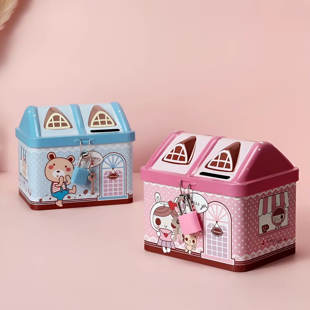 Blue house-shaped tinplate piggy bank for coin storage on a desk