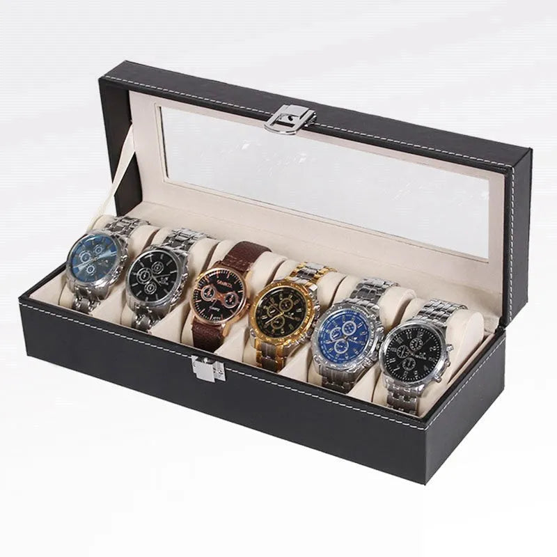Black wooden watch display box with six watch windows showing interior compartments