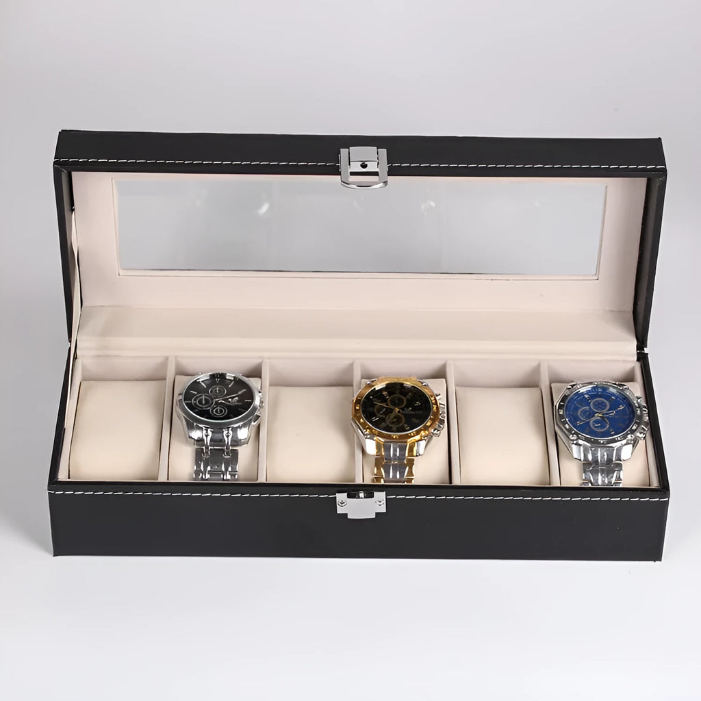 Black wooden watch display box with six watch windows showing interior compartments