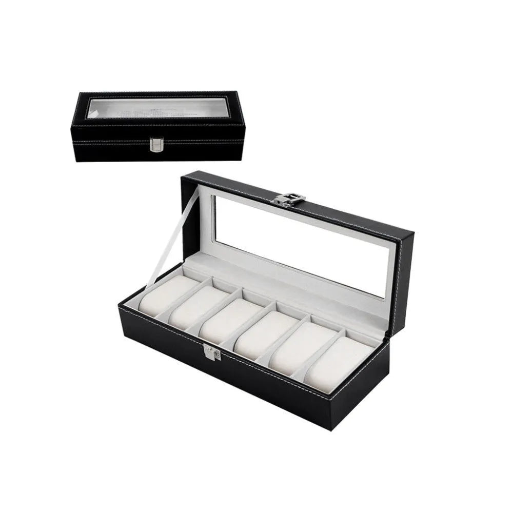 Black wooden watch display box with six watch windows showing interior compartments