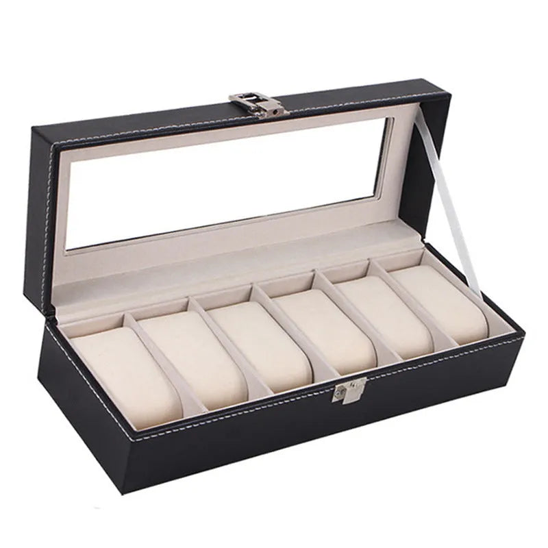 Black wooden watch display box with six watch windows showing interior compartments