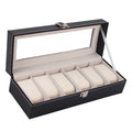 Black wooden watch display box with six watch windows showing interior compartments