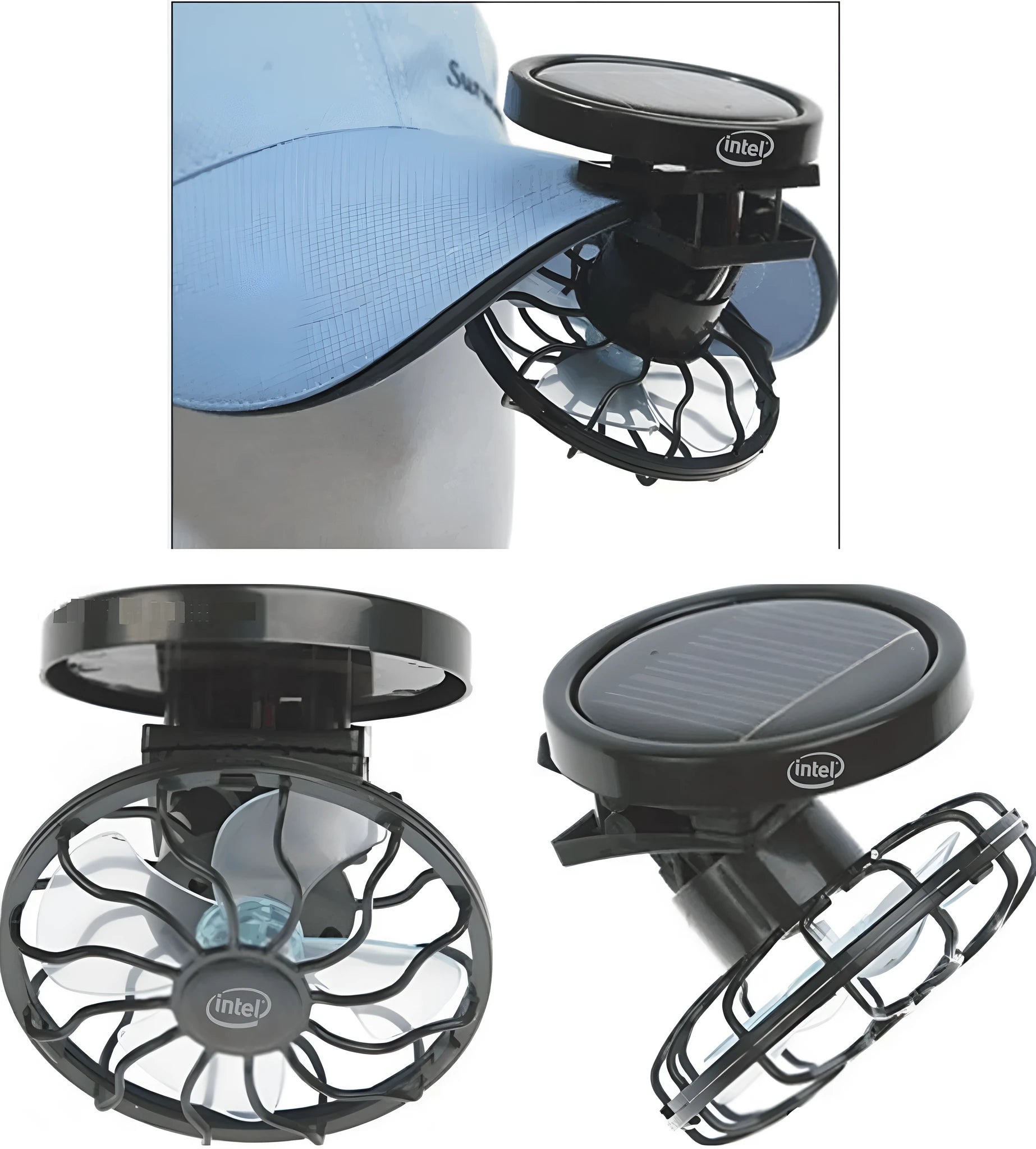 Black clip-on solar powered portable fan for outdoor cooling during camping and travel