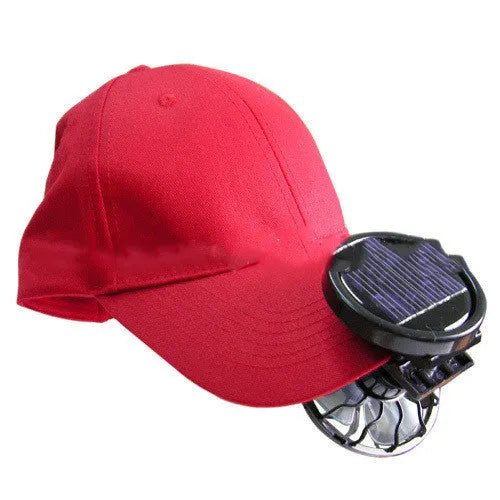 Black clip-on solar powered portable fan for outdoor cooling during camping and travel