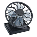 Black clip-on solar powered portable fan for outdoor cooling during camping and travel