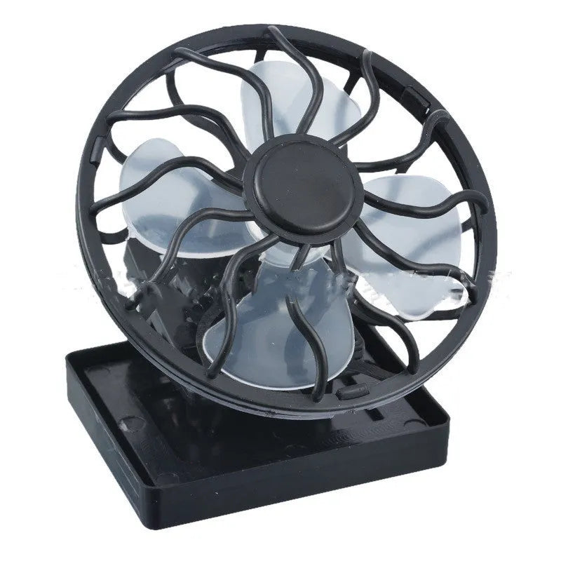 Black clip-on solar powered portable fan for outdoor cooling during camping and travel