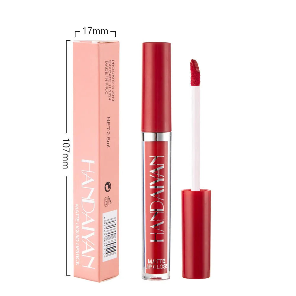 HANDAIYAN matte liquid lipstick tube showing non-fading formula in a choice of colours.