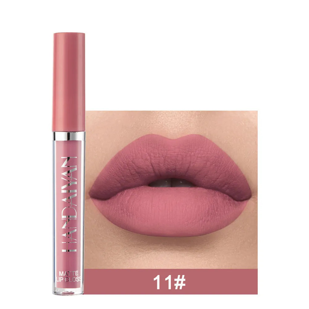 HANDAIYAN matte liquid lipstick tube showing non-fading formula in a choice of colours.