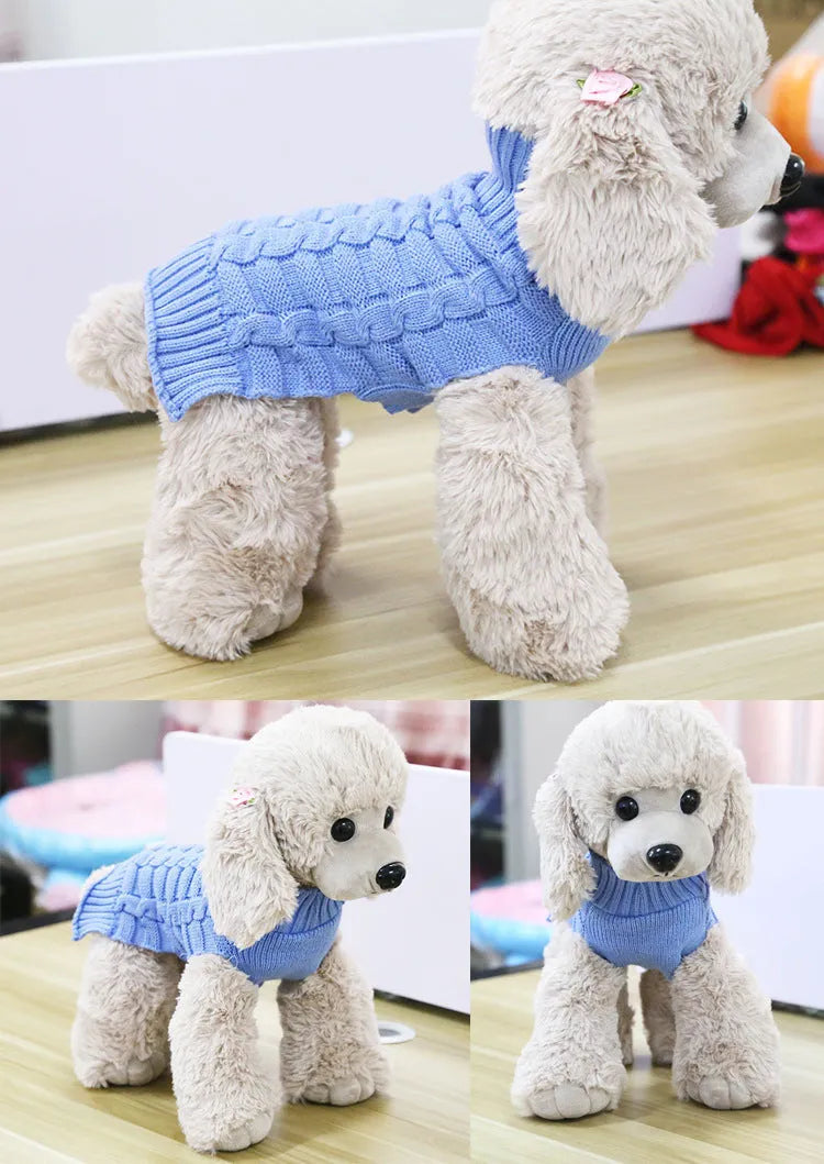 Wool twisted rope knit dog sweater shown in a red colour on a mannequin.