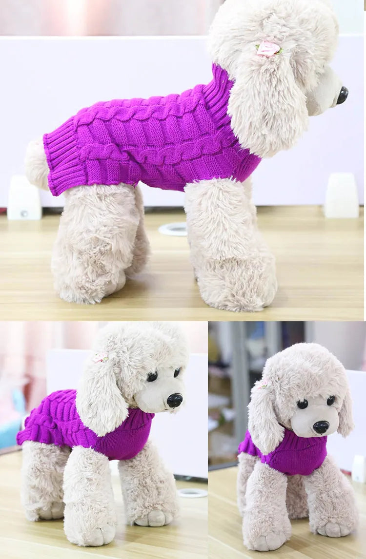 Wool twisted rope knit dog sweater shown in a red colour on a mannequin.
