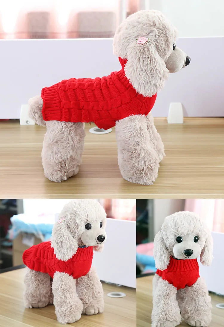 Wool twisted rope knit dog sweater shown in a red colour on a mannequin.