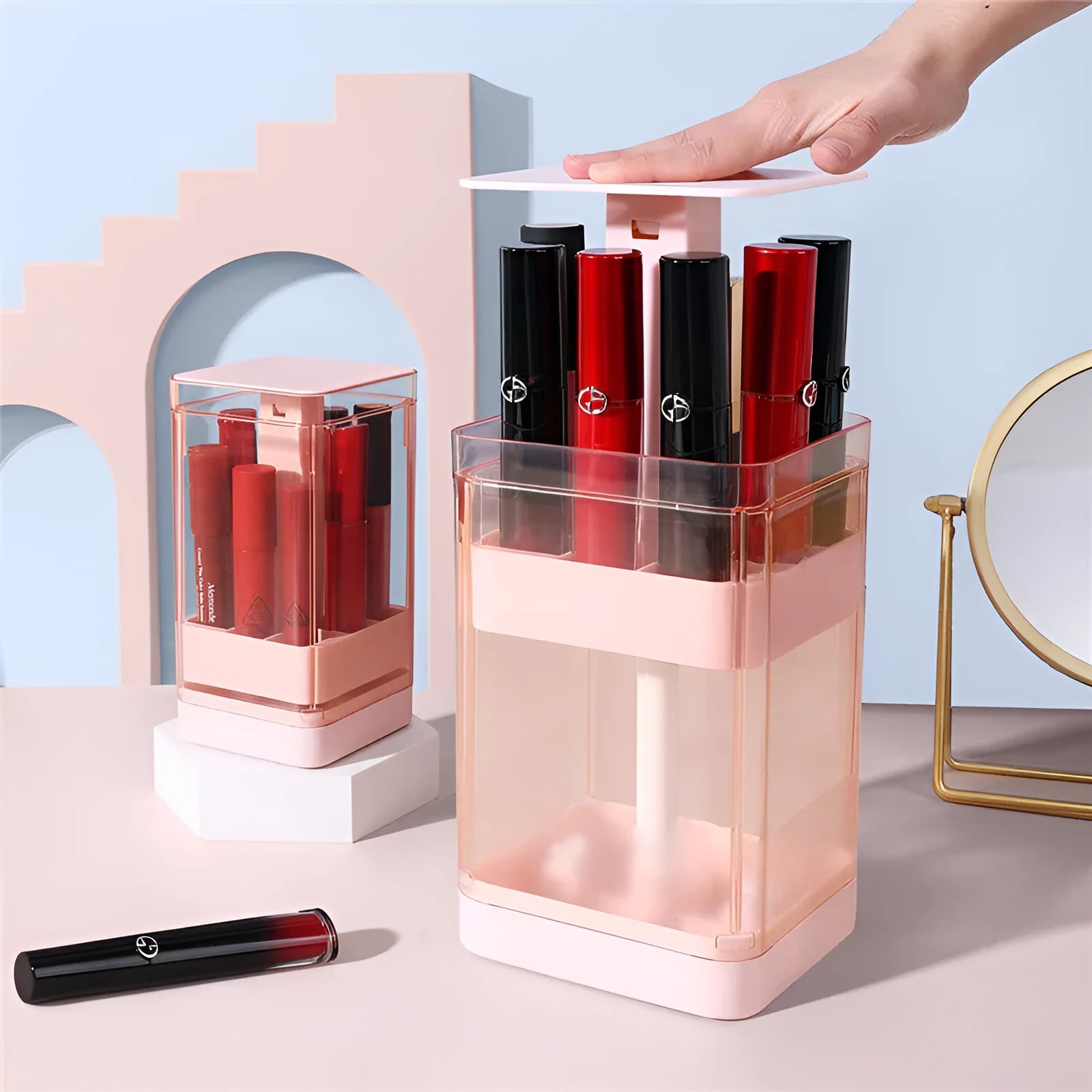 Transparent press lift lipstick storage box with individual compartments and hinged lid