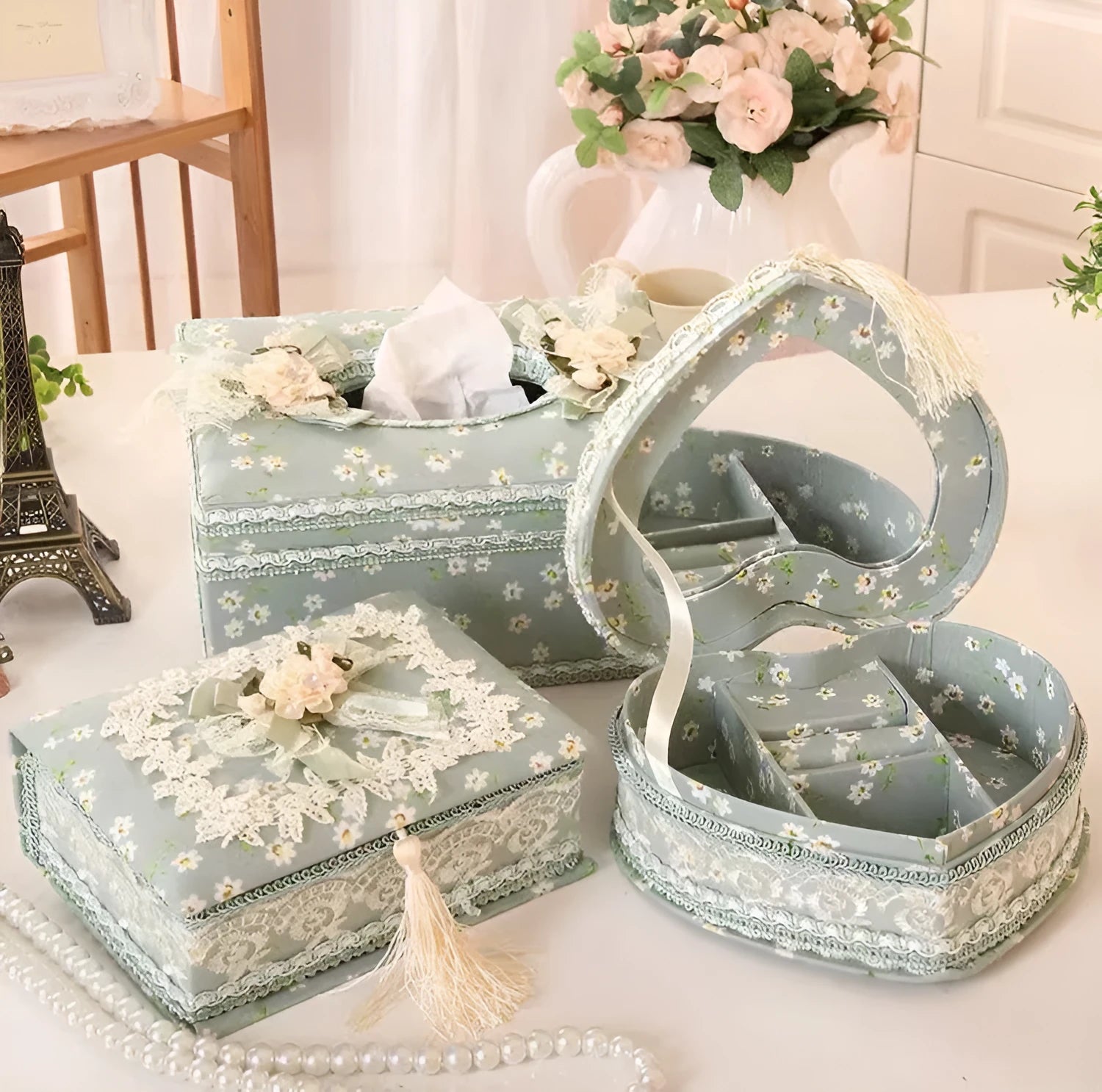 Ceramic jewellery and tissue storage box in bright apricot, green, or pink colour.