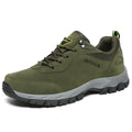 Men's low-cut outdoor casual shoes in army green on a neutral background.