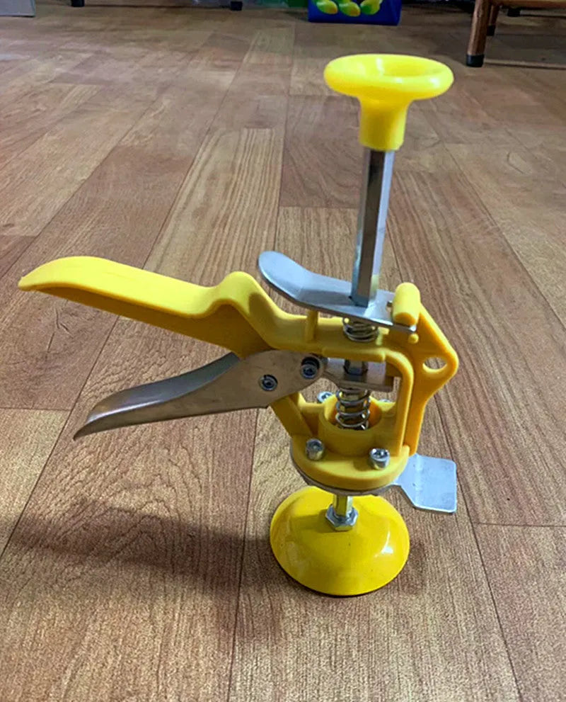 Metal tile raising positioner tool with adjustable height on a work surface.
