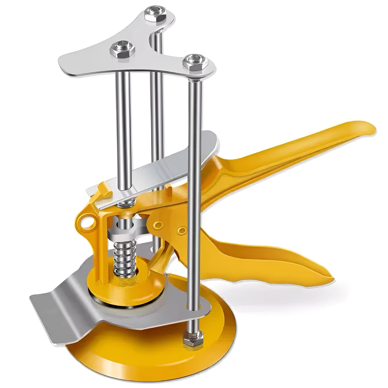 Metal tile raising positioner tool with adjustable height on a work surface.
