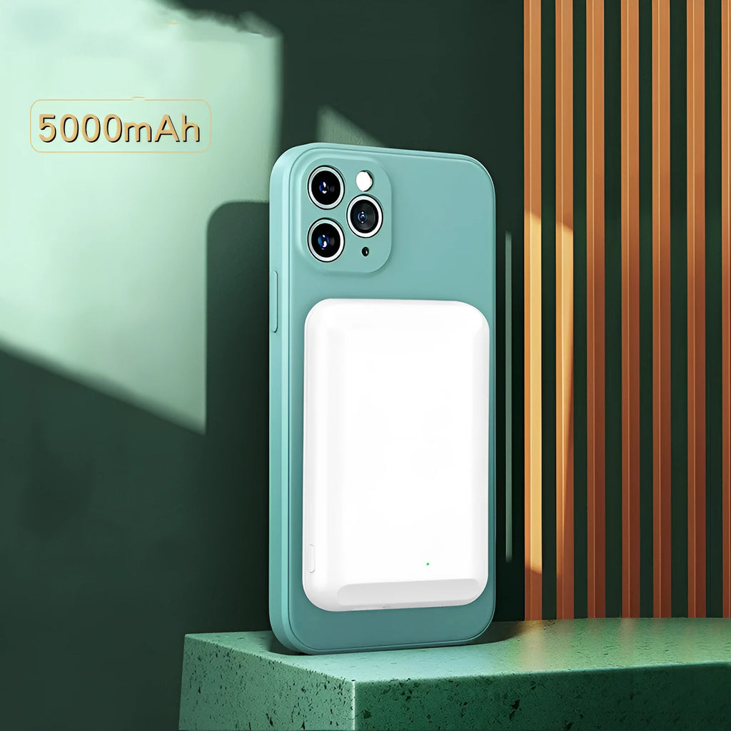 Magnetic wireless power bank in black, blue, green, pink or white colour with 5000mAh capacity