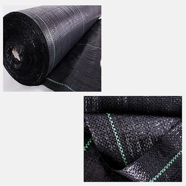 Black woven polyethylene weed control cloth laid on soil with size options shown