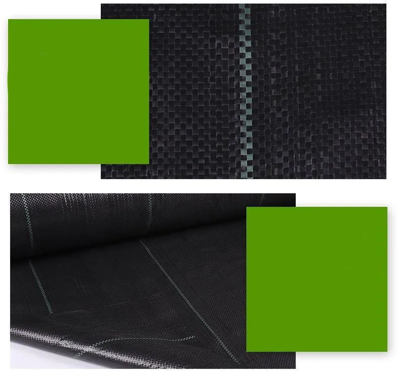 Black woven polyethylene weed control cloth laid on soil with size options shown