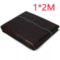 Black woven polyethylene weed control cloth laid on soil with size options shown